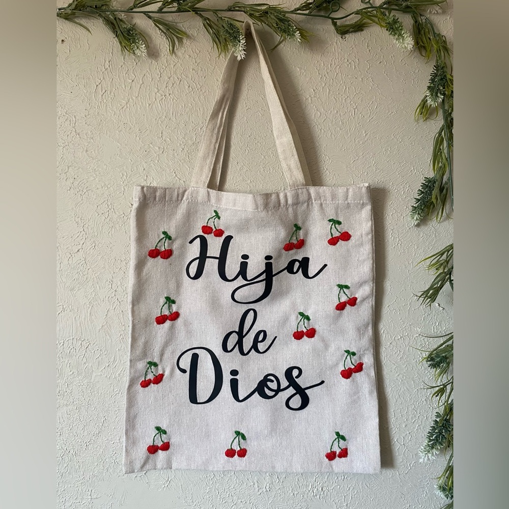 Personalized Embroidery Cherry Print Tote Bag